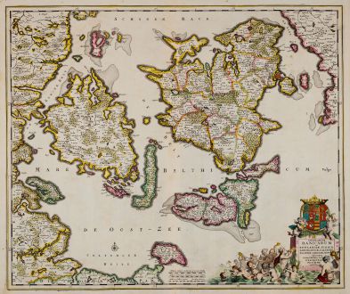 Antique Maps, de Wit, Denmark, Zealand, Funen, Lolland, 1680: Insularum Danicarum ut Zee-Landiae, Fioniae Langelandiae, Lalandiae Falstriae, Fembriae, Monae ...