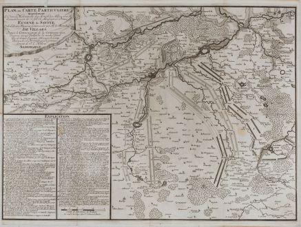 Antike Landkarten, van Call, Frankreich, Schlacht bei Denain, 1713: Plan, ou Carte Particuliere representant les divers Mouvements des Armees des Alliees, sous le Commandement de S. A. S....