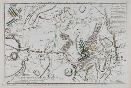 Antike Landkarten, le Rouge, Belgien, Tournai, Schlacht bei Fontenoy, 1745: Plan de la bataille de Fontenoy remportée le 11 mai 1745.