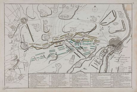 Antike Landkarten, le Rouge, Niederlande, Bilzen, Lafelt, Maastricht, 1747: 2e. Plan de la Bataille de Laveld. Gagnée Par le Roy le 2. Juillet 1747.