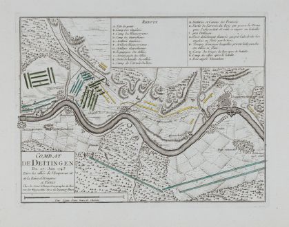 Antique Maps, le Rouge, Germany, Hesse, Dettingen, 1743: Combat De Dettingen Du 27. Juin 1743. Entre les allies de l'Empereur et de la Reine d'Hongrue A Paris Chez le sieur le Rouge...