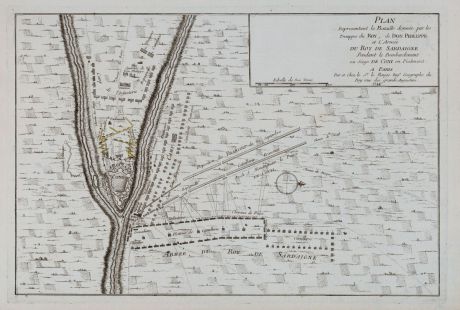 Antike Landkarten, le Rouge, Italien, Piemont, Cuneo, 1744: Plan Representant la Bataille donné par les Trouppes du Roy, de Don Philippe et L'Armee du Roy de Sardaigne Pendant le....