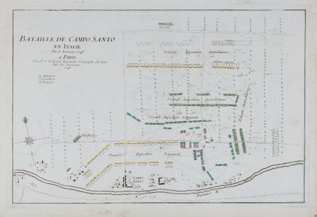 Antique Maps, le Rouge, Italy, Emilia-Romagna, Camposanto, 1746: Bataille de Campo Santo en Italie du 8 Fevrier 1743