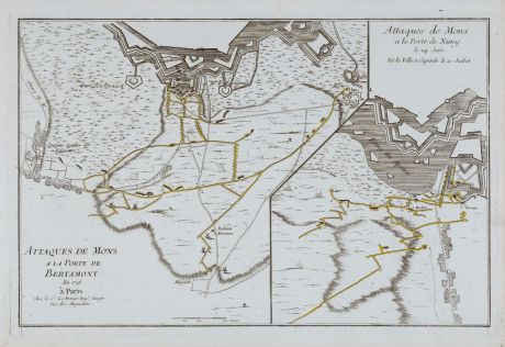 Antike Landkarten, le Rouge, Belgien, Mons, 1746: Attaques de Mons a la Porte de Bertamont 1746 / Attaques de Mons a la Porte de Nimy le 24 Juin et la Ville a Capitule le 10...