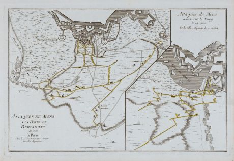 Antike Landkarten, le Rouge, Belgien, Mons, 1746: Attaques de Mons a la Porte de Bertamont 1746 / Attaques de Mons a la Porte de Nimy le 24 Juin et la Ville a Capitule le 10...