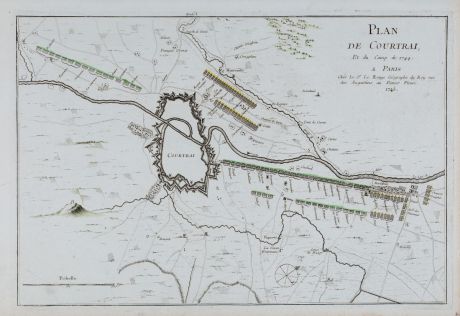 Antique Maps, le Rouge, Belgium, Kortrijk, Courtrai, 1745: Plan de Courtrai, et du Camp de 1744