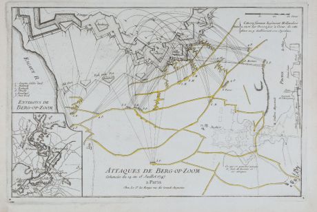 Antike Landkarten, le Rouge, Niederlande, Bergen op Zoom, 1746: Attaques de Berg-op-Zoom comencées du 14 au 15 Juillet 1747.