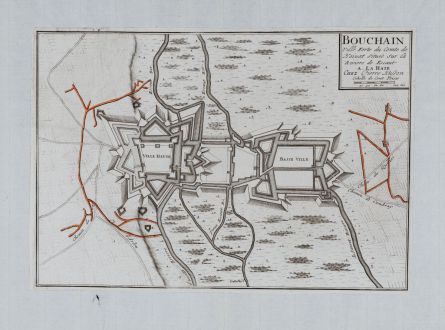 Antique Maps, Fricx, France, Bouchain, 1712: Bouchain Ville Forte du Comte de Hainaut Situee sur la Riviere de Escaut