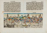 Coloured woodcut town view of Magdeburg, Sachsen-Anhalt. Printed in Nuremberg by Anton Koberger in 1493.