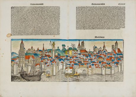 Antike Landkarten, Schedel, Deutschland, Sachsen-Anhalt, Magdeburg, 1493: Madeburga