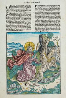 Graphics, Schedel, Adam and Eve, God the Father, Creation Eve, 1493: [Creation of Eve]