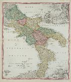 Old coloured map of Molise, Campania, Basilicata, Puglia, Calabria. Printed in Nuremberg by Johann Baptist Homann circa 1720.