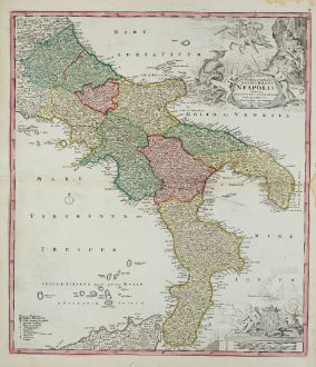 Antike Landkarten, Homann, Italien, Kalabrien, Apulien, Basilikata, Kampanien: Novissima & Exactissima Totius Regni Neapolis Tabula ...