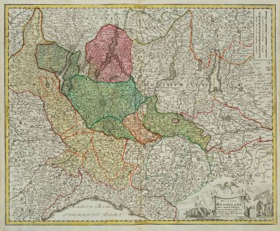 Antike Landkarten, Homann, Italien, Lombardei, Lombardia, 1720: Ducatus Mediolani una cum Confinys Accurata Tabula ...