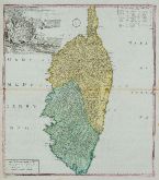 Old coloured map of Corse, Corsica. Printed in Nuremberg by Homann Erben in 1735.