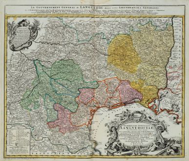 Antique Maps, Homann Erben, France, Languedoc-Roussillon, 1742: Gubernatio Generalis Languedociae occitania olim dictae in 3. generales divisae Locumtenentias