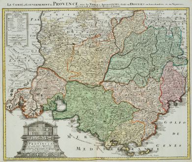 Antike Landkarten, Homann Erben, Frankreich, Cote d Azur, Provence, 1735: Praefectura Generalis & Comitatus Provinciae una cum Terris adjacentibus in suas Dioeceses & Praeturas