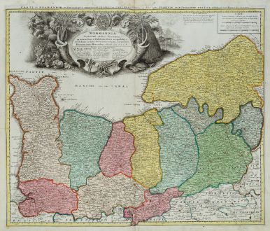 Antike Landkarten, Homann Erben, Frankreich, Normandie, 1740: Normannia Galliae celebris Provincia in terras suas et Ballifiatus divifa ex protolypo.