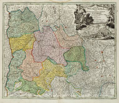 Antike Landkarten, Homann, Frankreich, Seealpen, Rhone-Alpes, Dauphine, 1720: Tabula Delphinatus Vulgo le Gouvernement general du Dauphine