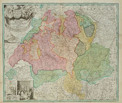 Antike Landkarten, Homann, Schweiz, 1720: Potentissimae Helvetiorum Reipublicae Cantones Tredecim cum Foederatis et Subjectis Provinciis