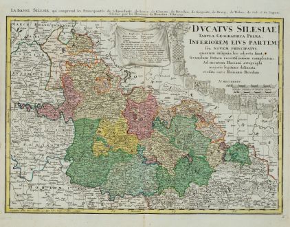 Antike Landkarten, Homann Erben, Polen, Breslau, Wroclaw, Schlesien, 1745: Ducatus Silesiae Tabula Geographica Prima Inferiorem Eius Partem / La Basse Silesie