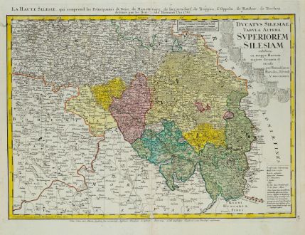 Antike Landkarten, Homann Erben, Polen, Schlesien, Oberschlesien, 1745: Ducatus Silesiae Tabula Altera Superiorem Silesiam / La Haute Silesie