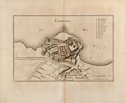 Antique Maps, Merian, France, Cherbourg, Basse-Normandie, 1657: Cherbovrg