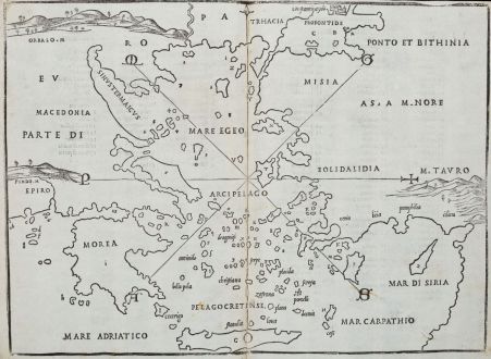 Antike Landkarten, Bordone, Griechenland, Ägäis, 1528-1565: [Aegean Sea. Greece, Macedonia, Turkey]