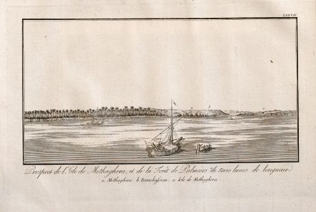 Antique Maps, Norden, Egypt, Nile River, Ships, 1795: Prospect de l'Isle de Methaghera, et da la Fôret de Palmiers de trois lieues de longueur