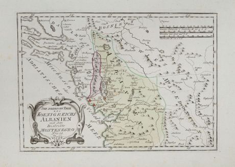 Antike Landkarten, von Reilly, Balkan, Montenegro, Albanien, 1791: Der noerdliche Theil des Koenigreichs Albanien mit dem Distrikte Montenegro