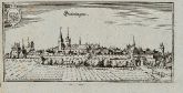 Antike Ansicht von Grüningen, Baden-Württemberg. Gedruckt bei M. Merian im Jahre 1643 in Frankfurt.