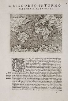 Antike Landkarten, Porcacchi, Weltkarte, 1572: Discorso Intorno alla Carta da Navigare