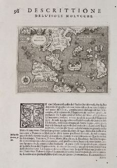 Antike Landkarten, Porcacchi, Südost Asien, 1572: Isole Molucche - Isole Molvcche - Descrittione dell'Isola Molucche