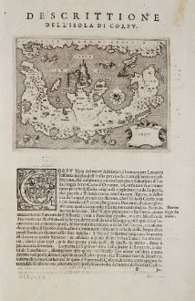 Antike Landkarten, Porcacchi, Griechenland, Korfu, 1572: Corfu - Descrittione dell'Isola di Corfu.