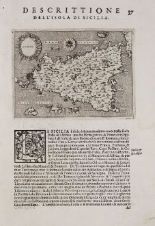 Antike Landkarten, Porcacchi, Italien, Sicilia, Sizilien, 1572: Sicilia - Descrittione dell'Isola di Sicilia.