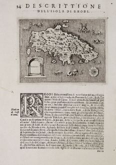 Antike Landkarten, Porcacchi, Griechenland, Rhodos, 1572: Rhodi - Descrittione dell'Isola di Rhodi.