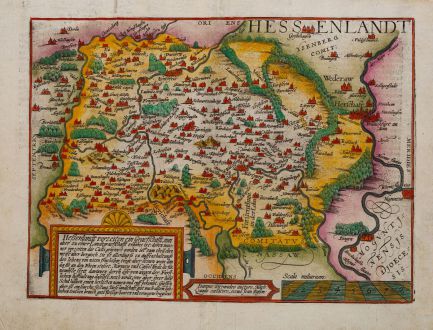 Antike Landkarten, Quad, Deutschland, Hessen, Frankfurt, 1600: Hessenlandt vorzeiten ein Graeffschafft, nun aber zu einer Landtgraefschafft erhohet ist.