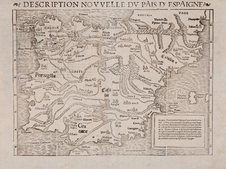 Antike Landkarten, Münster, Spanien - Portugal, 1552-68: Description nouvelle du pais d'Espaigne