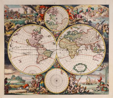 Antike Landkarten, de Wit, Weltkarte, 1668-70: Nova Totius Terrarum Orbis Tabula ex Officina F. de Wit Amstelodami