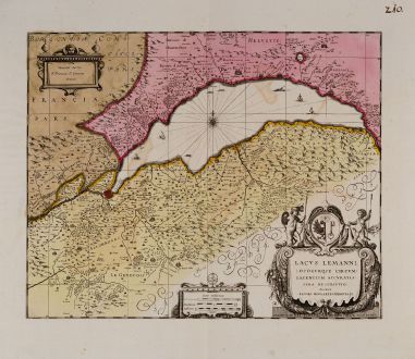 Antike Landkarten, Valk & Schenk, Schweiz, Genfersee, 1700: Lacus Lemanni Locorumque Circumiacentium Accuratissima Descriptio. Auctore Iacobo Goulartio Genevensi.