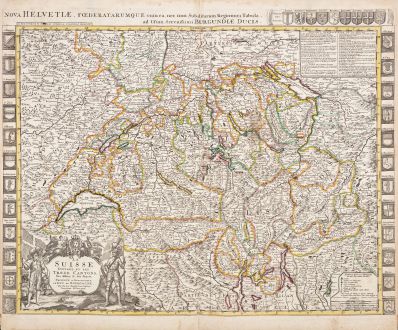 Antike Landkarten, Jaillot, Schweiz, 1730: La Suisse Divisée en ses Trenze Cantons - Nova Helvetiae, Foederatarumque...