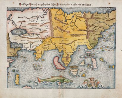 Antike Landkarten, Münster, Asien Kontinent, 1540 (1550): Die Länger Asie nach irer gelegenheit bisz in Indiam werden in disser tafel verzeichnet