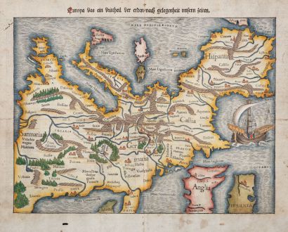 Antike Landkarten, Münster, Europa Kontinent, 1550: Europa das ein Drittheil der Erden, nach gelegenheit unsern zeiten.