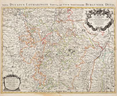 Antike Landkarten, Jaillot, Frankreich, Lothringen, 1730: La Lorraine, qui comprend les Duchés de Lorraine et de Bar, et Les Balliages des Eveschés et des Villes de Metz, Toul, et...