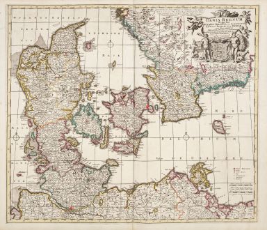 Antique Maps, de Wit, Denmark, 1680: Dania Regnum In quo sunt Ducatus Holastia et Slesvicum Insulae Danicae.