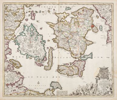 Antique Maps, de Wit, Denmark, Zealand, Funen, Lolland, 1680: Insularum Danicarum ut Zee-Landiae, Fioniae Langelandiae, Lalandiae Falstriae, Fembriae, Monae ...