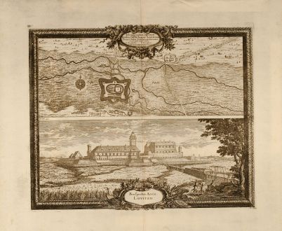 Antique Maps, von Pufendorf, Poland, Lowicz, 1697: Ichnographia operum Quibus SRM Sueciae Louitzium. Arcem et Sedem. Archi Episcopi Gnesnensis / Prospectus Arcis Lovitzii