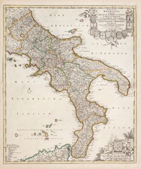 Antike Landkarten, de Wit, Italien, Kalabrien, Apulien, Basilikata, Kampanien: Regnum Neapolis in quo sunt Aprutium Ulterius et Citerius ...