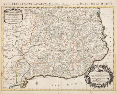 Antique Maps, Jaillot, Spain - Portugal, Catalunya, Cataluna, Catalonia: Principaute de Catalogne ou sont Compris les Comtes de Roussillon et de Cerdagne Divises en leurs Vigueries