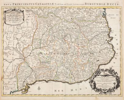 Antique Maps, Jaillot, Spain - Portugal, Catalunya, Cataluna, Catalonia: Principaute de Catalogne ou sont Compris les Comtes de Roussillon et de Cerdagne Divises en leurs Vigueries